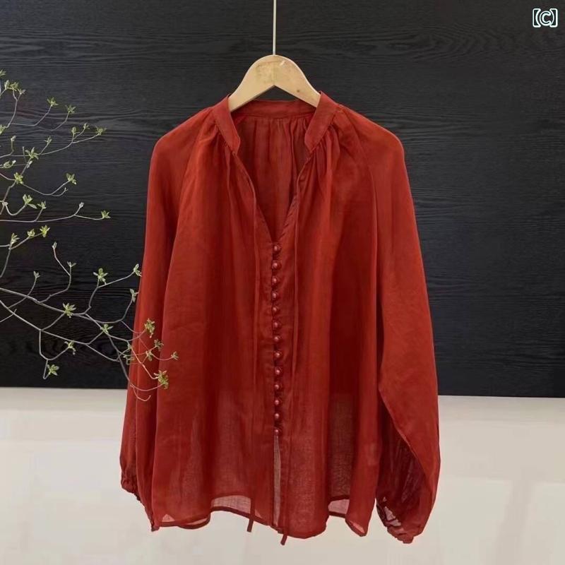 レディース　　シャツ　トップス ラミー アートの フェアリー やや 透明の Vネック リボン バックル 装飾 花の つぼみの 袖の シャツ トップス 女性用