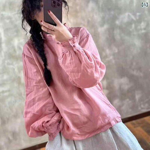 レディース Tシャツ ゆったり フランスの レトロ 長袖 ラミー シャツ 女性用 2025 春 ファッション ゆったり スリム レース スタンドカラー リネン トップ レディース Tシャツ ゆったり フランスの レトロ 長袖 ラミー シャツ 女性用 2025 春 ファッション ゆったり スリム レース スタンドカラー リネン トップ