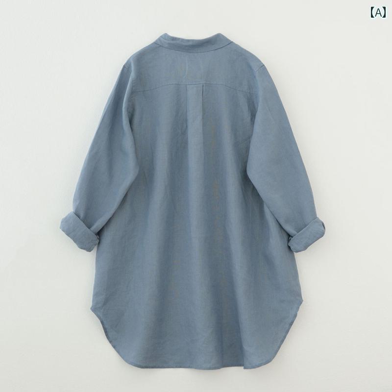 レディース　　Tシャツ　ゆったり イタリア 高級 レディース ビッグ カット ラベル リネン 長袖 シャツ ミドル 丈 秋