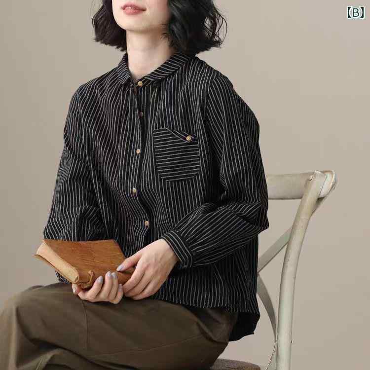 レディース　　シャツ　トップス 春秋 通勤と レジャー ゆったり レイヤリング シャツ スリムの トップスの レディース 芸術的な ストライプの 綿 リネンの 長袖