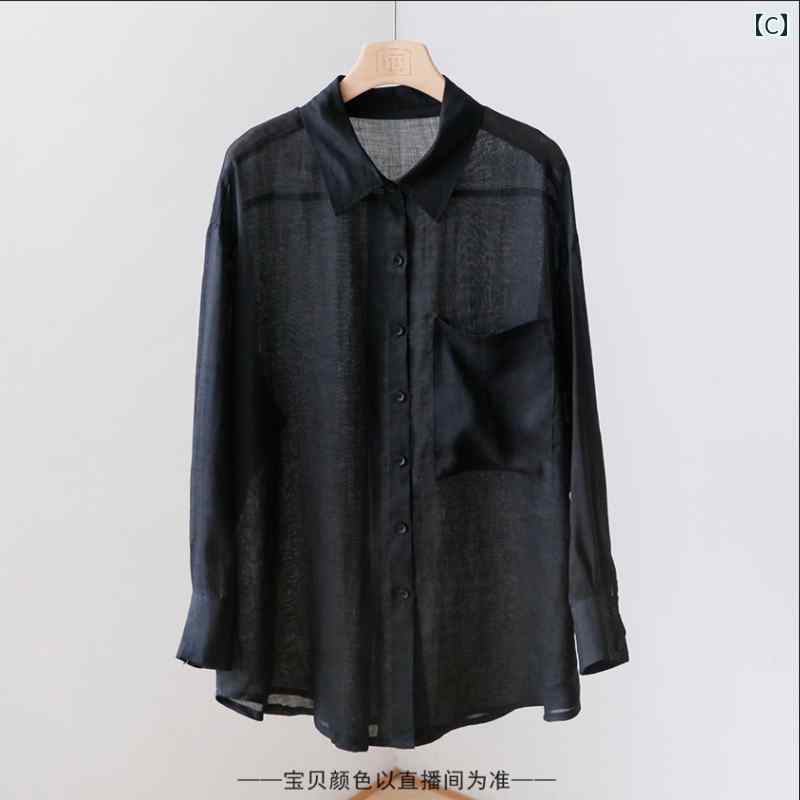 レディース　　シャツ　トップス 夏用 ゆったり小 襟 無地 シングル ポケット ラミー 薄手 シャツ ビーチ 通気性 日焼け防止 服 トップス 3 SP 12