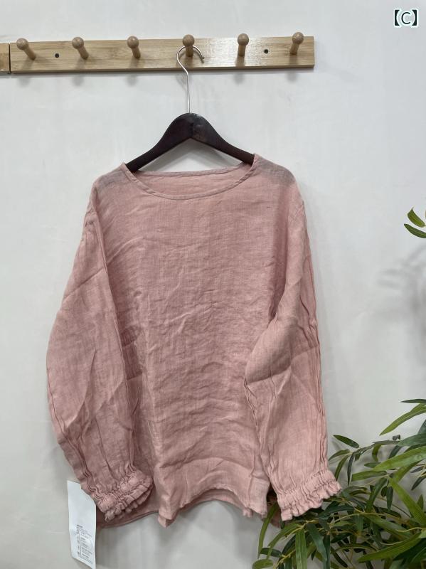 レディース　　シャツ　トップス 高級 麻 薄 袖口 プリーツ 長袖 1722 バスト 146 着 丈 67