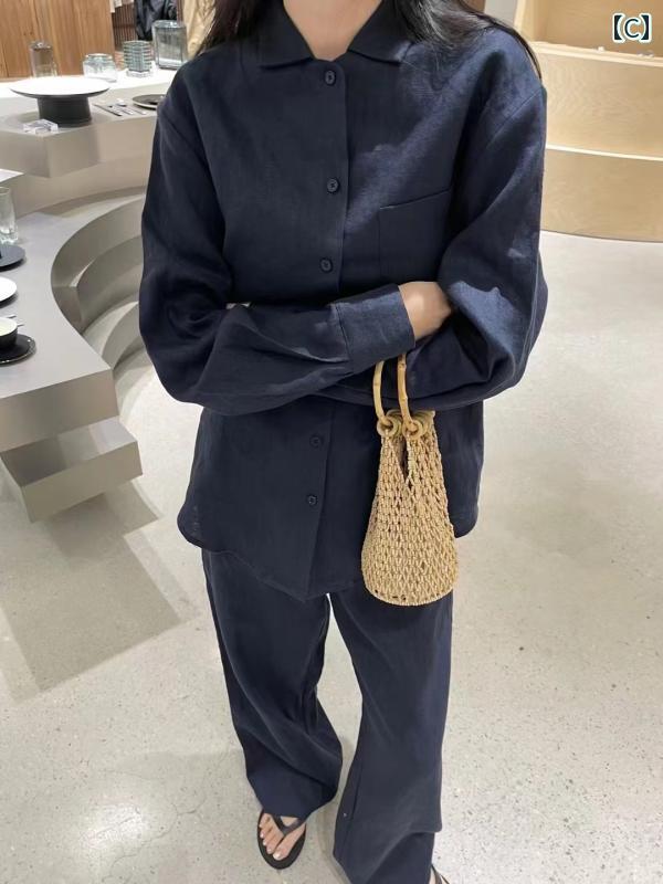 レディース　　シャツ　トップス ナンディ ガ｜ シンプルで 清潔 感の ある リネン 生地 涼しげで 着 回し 力 抜群の ゆったり 大きめ 白 シャツと パンツ