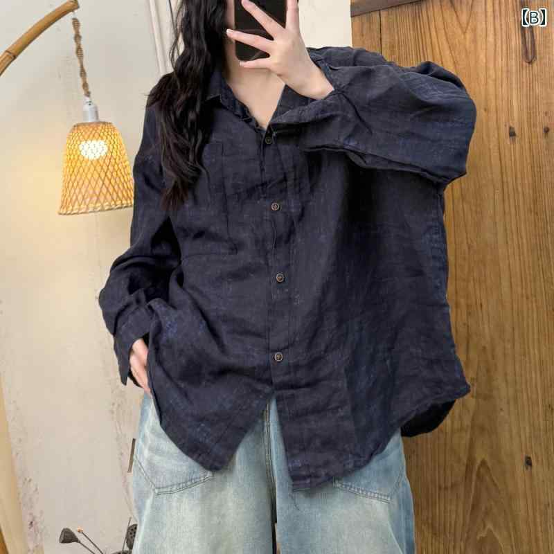 レディース　　シャツ　トップス 華 楼は 2025 春の 復古 万能 高級 揚げ 花 砂 洗い リネン 大判 女性 シャツを 生産