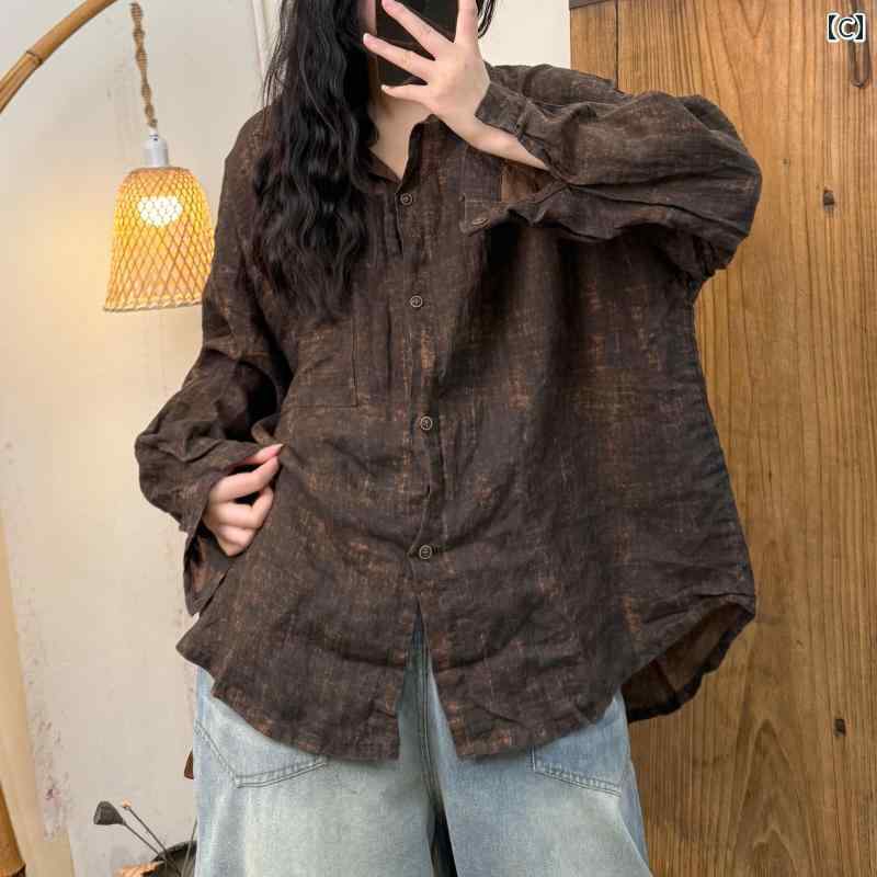 レディース　　シャツ　トップス 華 楼は 2025 春の 復古 万能 高級 揚げ 花 砂 洗い リネン 大判 女性 シャツを 生産