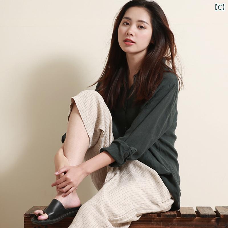 レディース　　シャツ　トップス Gujiaは レディース 文学的な 綿 リネンの シャツ トップス ゆったり 長袖の リネンシャツを 生産 しました