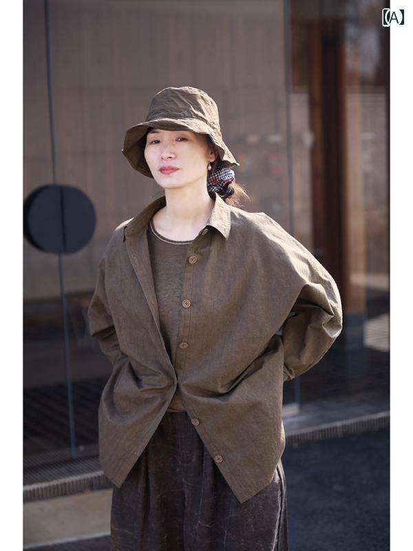 レディース　　シャツ　トップス Yijiu 雑貨 春 綿 麻生 地 枯れ葉 カラー ゆったり スリム 大きい シ..