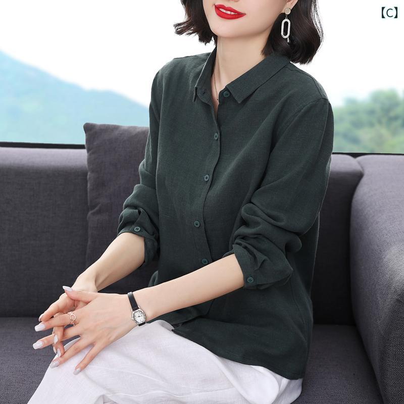 レディース　　シャツ　トップス Kozoff 2024 多彩な カラー 洗浄 リネン 長袖 シャツ レディース 夏の 芸術的な ストレート トップ