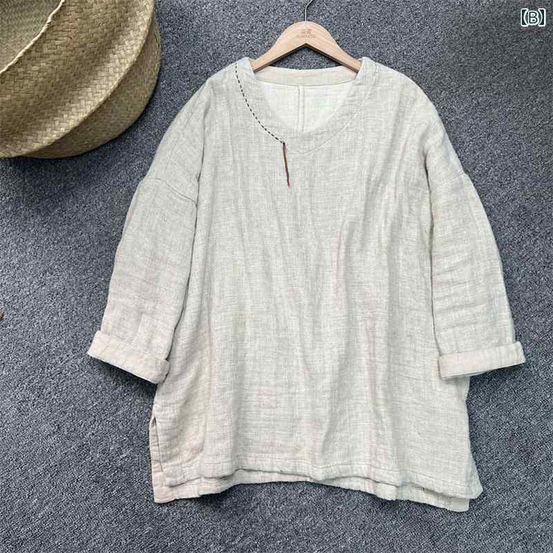レディース　　シャツ　トップス レトロ リネン ラフ Vネック 万能 プルオーバー シャ ツ 早春 ゆったり デイリー レディーストップス