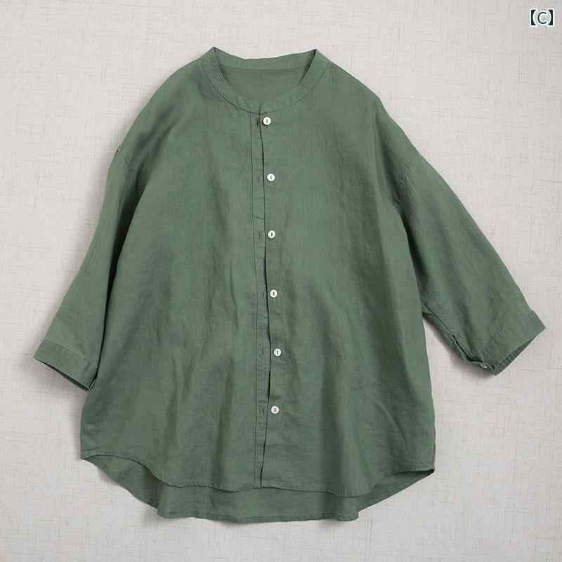 レディース　　シャツ　トップス 麻 シャツ スタンドカラー 2333mm 袖 白 ゆったり 大きいサイズ 日焼け防止 和風 綿 レディース 春夏 23016