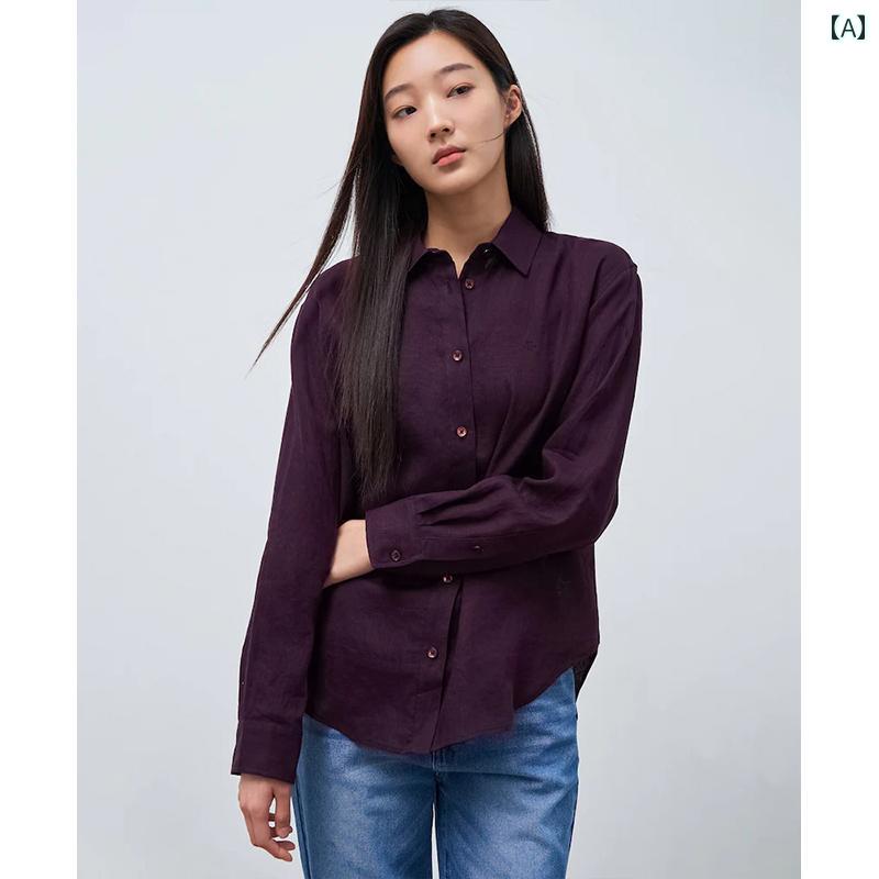 レディース　　シャツ　トップス BEANPOLE Binbo 春夏 レディース リネン ゆったり ワイン レッド レトロ シンプル 長袖 シャツ
