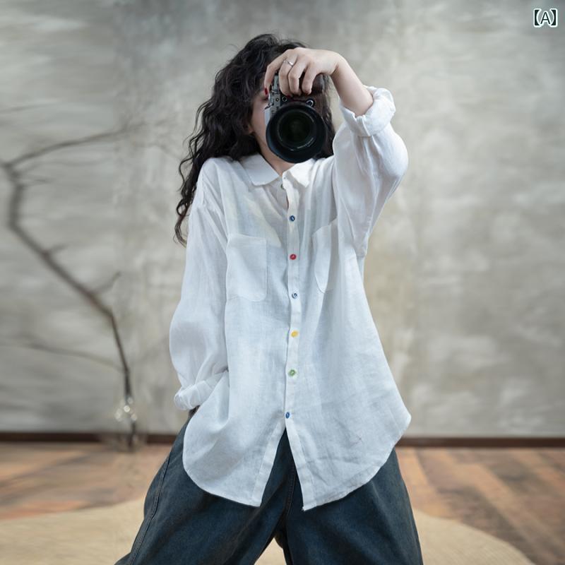 レディース　　シャツ　トップス 易 庵は 25年 早春の 鼓動の 到来 シンプル 韓国 高級 リネンシャツを 生産 しました