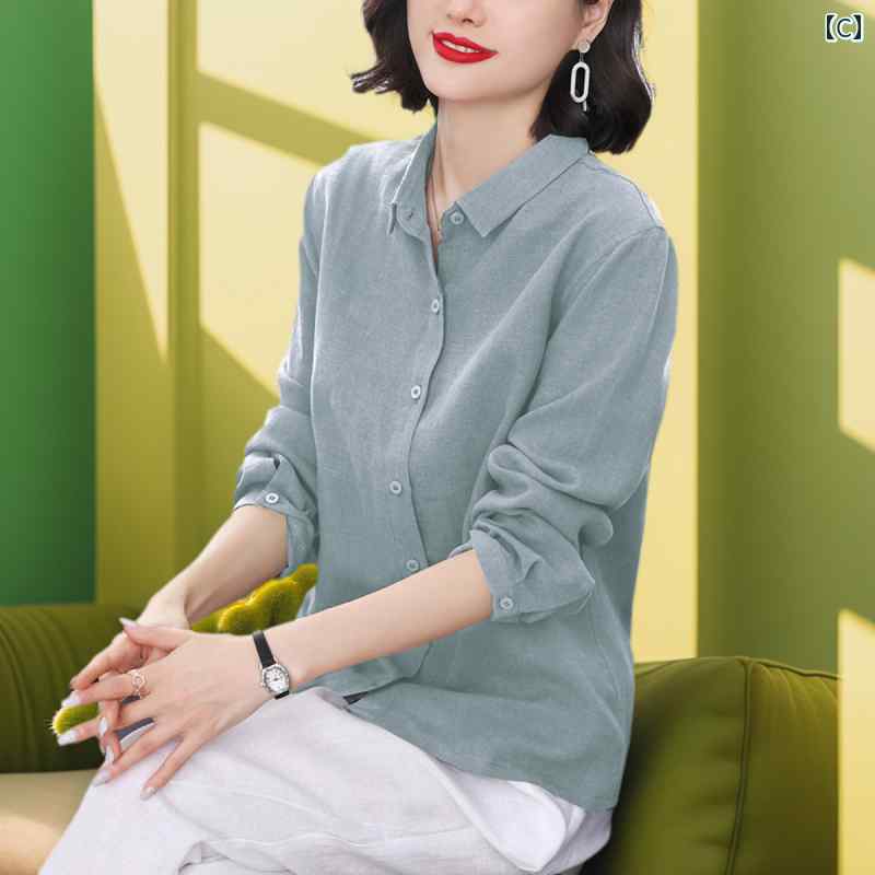 レディース　　シャツ　トップス 2024 春夏の レディース リネンシャツ 長袖 ゆったり シンプル 通勤 裏地 カジュアル 服 芸術 トップス