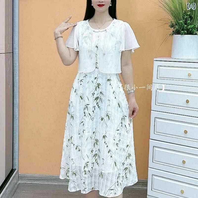 エレガント カラードレス ワンピース ファッションの つなぎ合わせた フェイク ツーピースの 花柄 ワンピース 夏の新 スタイル 年齢を 感じさせにくい チャイナ風 シフォンスカート 女性用