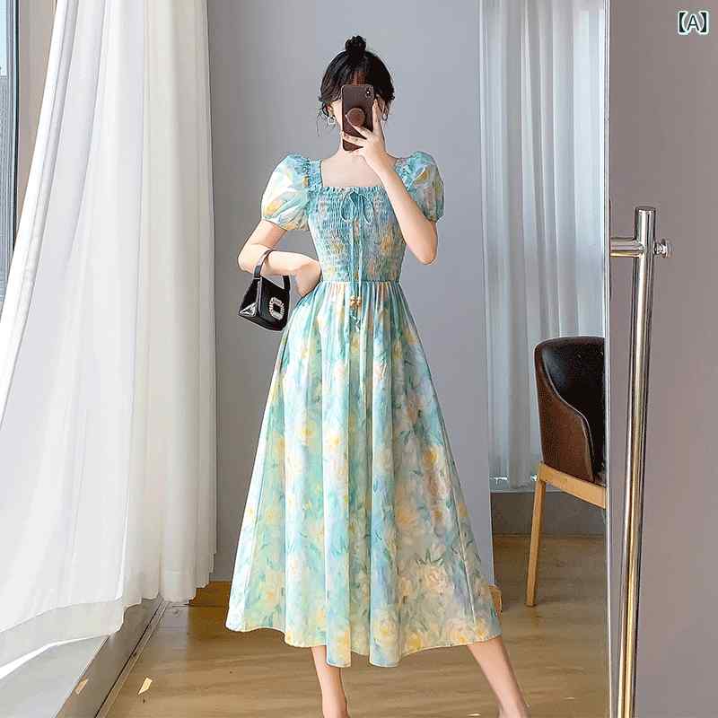エレガント カラードレス ワンピース フランスの 甘くて 優しい スクエアネックの 花柄 ドレス レディース 夏の ウエストの スリミング プリント ロング スカート