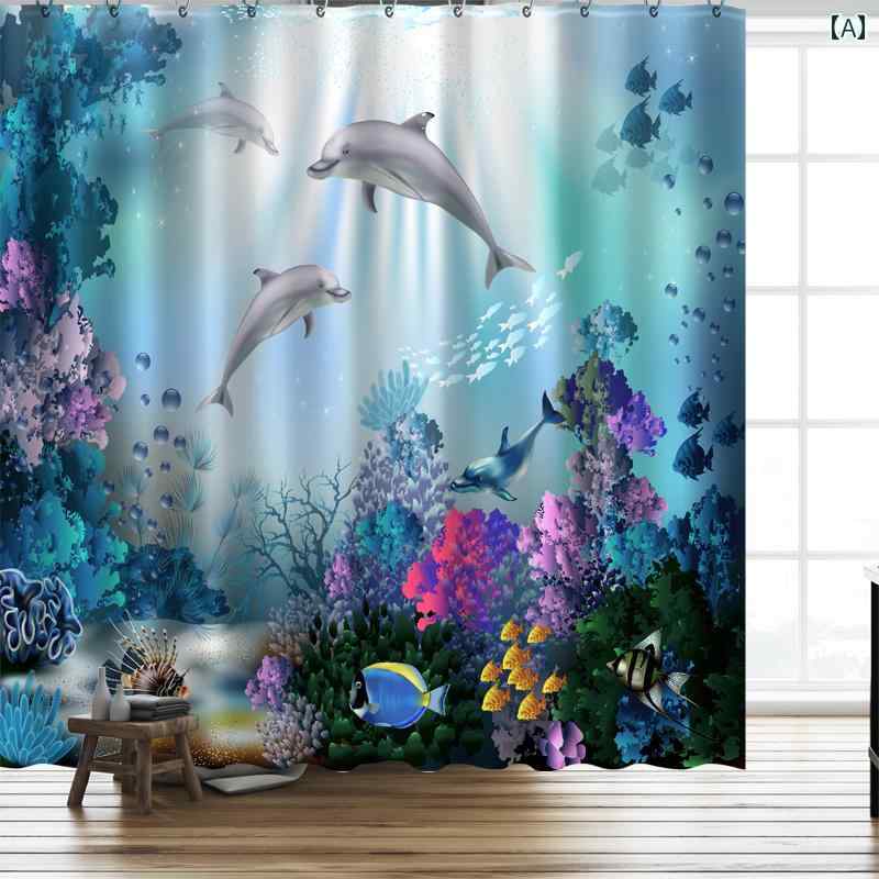 バス ルーム カーテン 青い 水中 風景 ピンクの かわいい イルカの サンゴの シャワー カーテン ロッド セット。 防水 防 カビ 速乾 汚れに 強く 吊り...