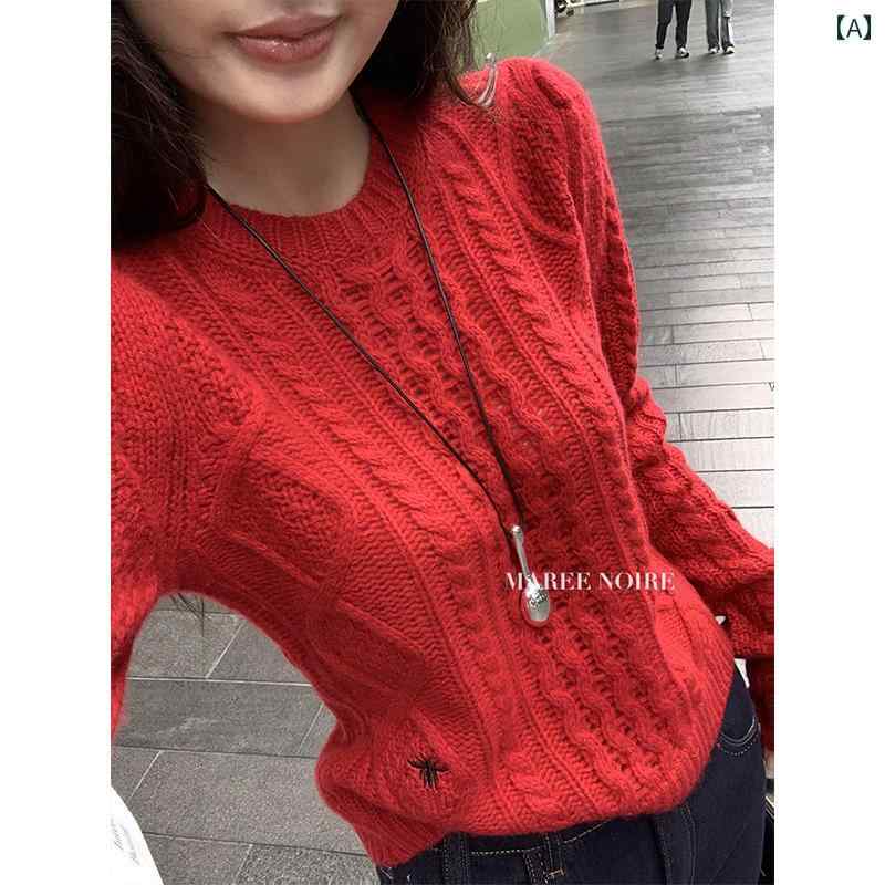 レディース ニット セーター 高級感溢れるデザイン！新春ワンピースに、クリスマスの蜂柄刺繍が施された、ヴィンテージ風のラウンドネ..