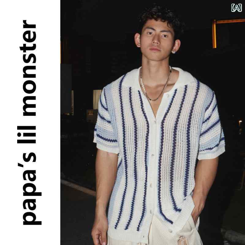 ニット 半袖 Tシャツ リル モンスター アメリカ 夏の 島での 休暇 ビーチ ストライプ ゆったり 半袖 ニット シャツ