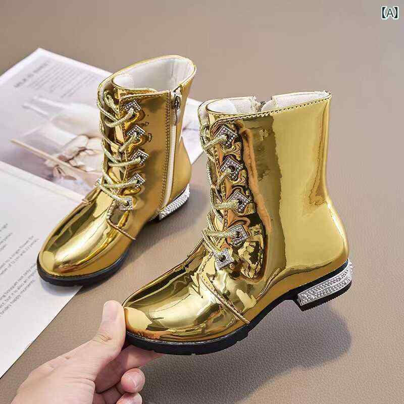 ブーツ 秋冬 子供用 女の子用 ゴールドと シルバーの パテントレザー フラット ヒール ブーツ。 子供用..