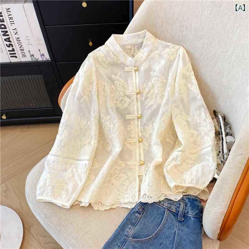 2025年初春、レースの刺繍が施された新作シャツ。大きいサイズの女性向けで、国風な中華風のインナーシャツやブラウスです。