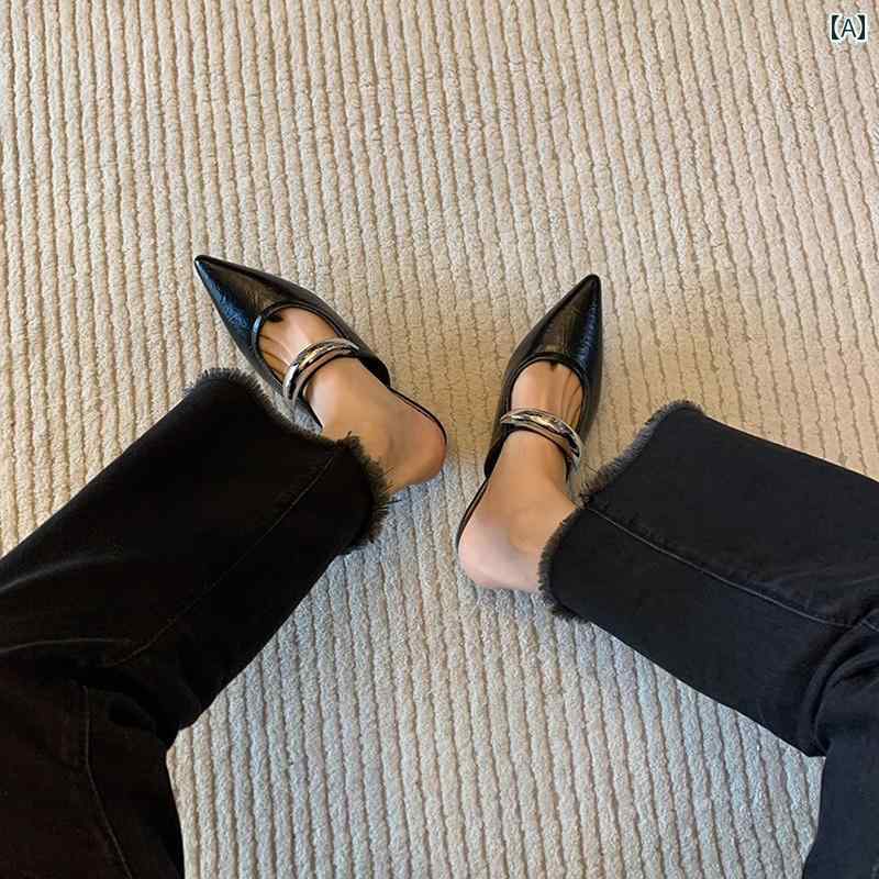 ミュール サンダル アウトドア 牛革 フレンチ ポインテッド ウェッジ ヒール メタル バックル ワン ストラップ つま先 閉じ 女性用 アウター スリッポン ミュールと して 履ける ハーフ スリッパ