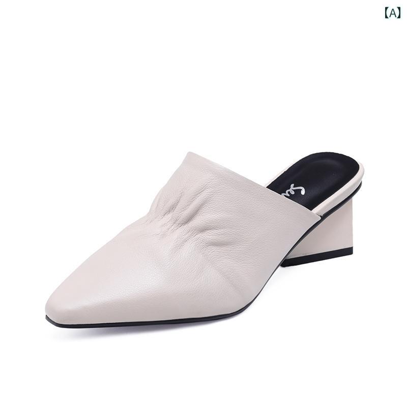 ミュール サンダル アウトドア 2025年 フレンチ ポインテッド ハーフ スリッパ レディース 夏 アウトドアウェア ミッド ヒール 厚底 ミュール ソフトレザー キャップ トゥ 革