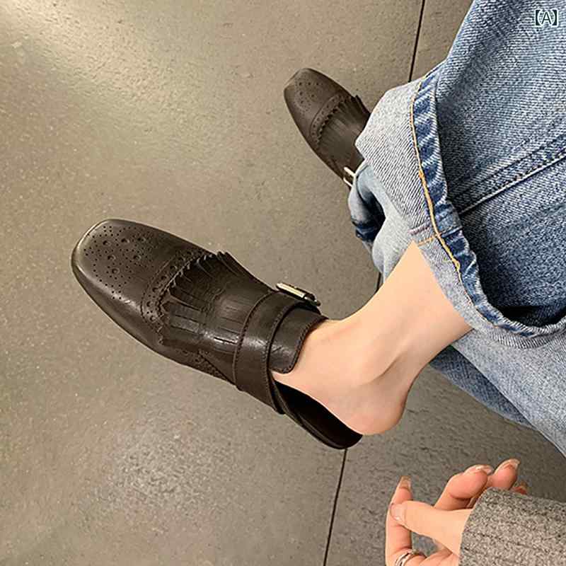 ミュール サンダル アウトドア アウターと して 着用 できる 女性用 革 クロージャー ハーフ スリッパ..