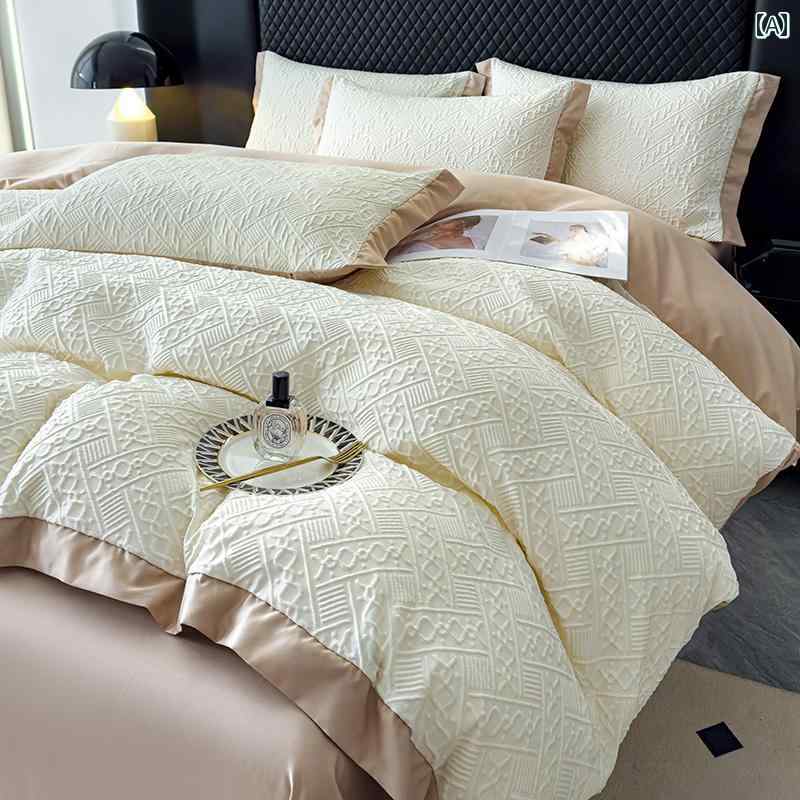 掛け布団 カバー エンボス 加工の 冷感 4点 セット ヌード スリーピング シーツ キルトカバー 両面 刺..