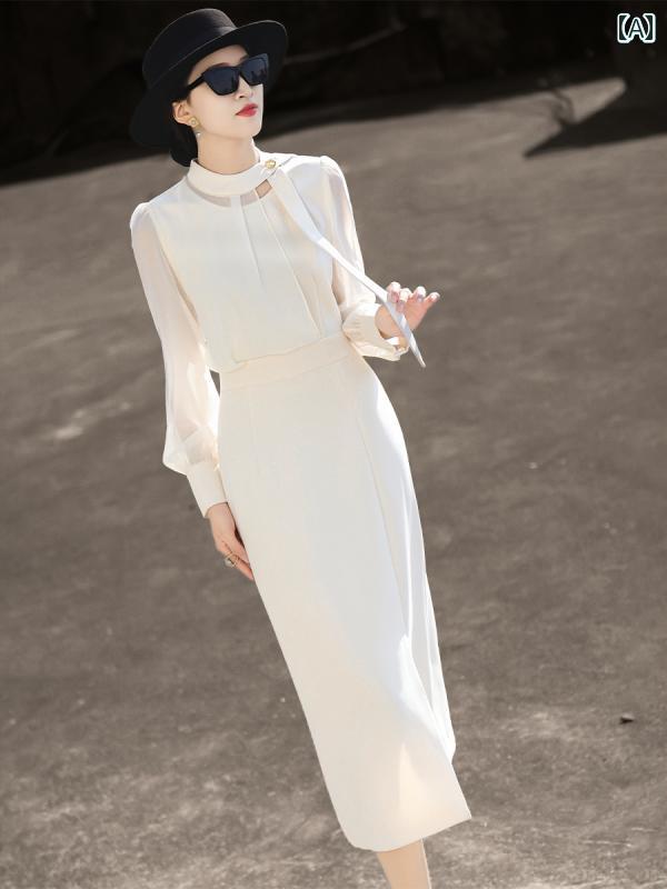 レディース ドレス おしゃれ 2025年春の新作、ランセルのエレガントで知的な通勤用2点セット長袖ドレス、ウエストラインを引き立てる。