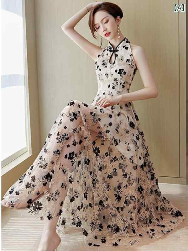 レディース ドレス おしゃれ 2025年夏の新作、仙女風の改良チャイナドレス。小花柄の復古的なドレスは、ウエストを細く見せ、品のある柔らかさを演出しています。