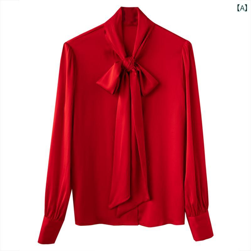 レディース ドレス おしゃれ 2025年春の新作、シンプルなVネックデザインにリボンが付いた重ためのシルクシャツ、上品な雰囲気が満載です!