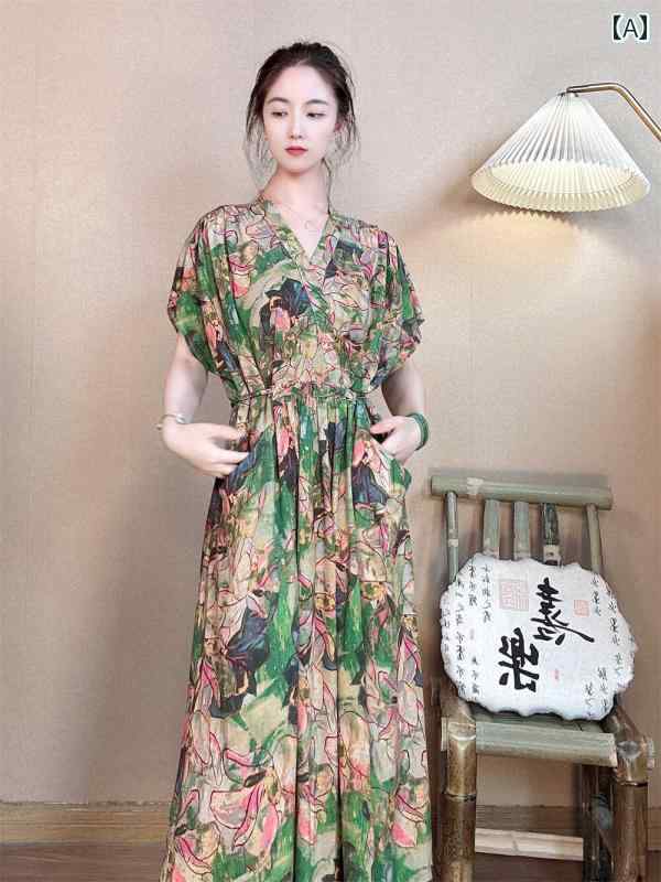 ワンホン スカート コットン ドレス 2024夏の コットン プリント ワンピース 高級 文芸 aライン スカー..