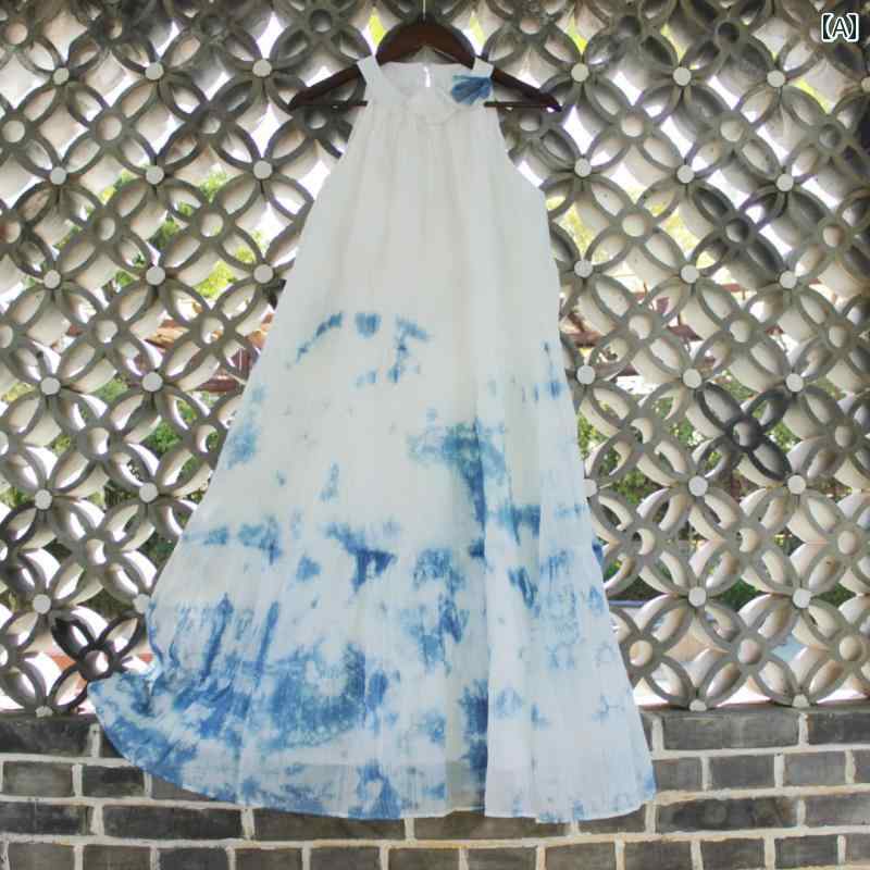 ワンホン スカート コットン ドレス 雲南省 ダリ 民族 風 手 染め サスペンダー ドレス レディース サマー スカート 海辺の 休日の ロング