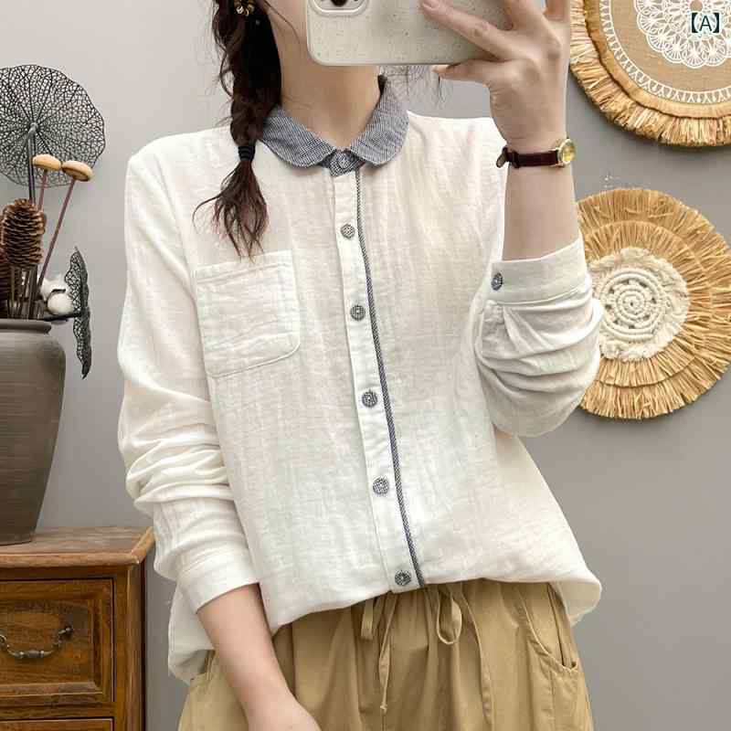 長袖 シャツ 女性 通勤 韓国 綿糸 長袖 シャツ 春秋 レトロ 人形の 襟 年齢を 減らす スリム 女性用