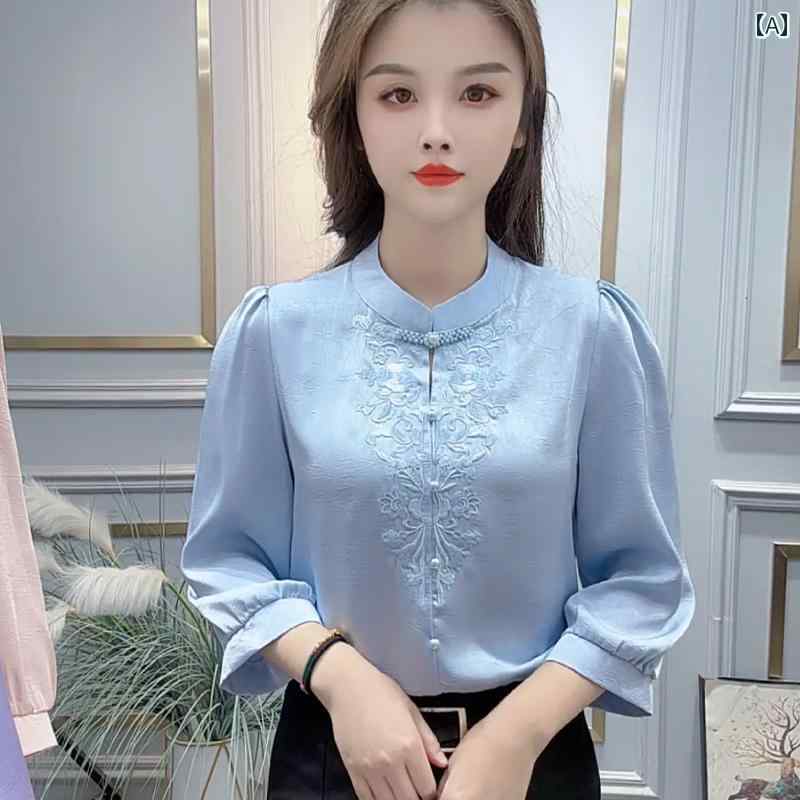 長袖 シャツ 女性 刺繍 七分袖 シャツ レディース 2025 春 R スリム 風 ボタン スタイル(4)