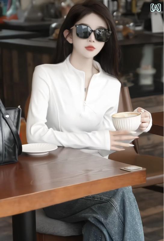 ママ カジュアル ファッション 韓国 無地 スタンドカラー ハーフ ジップ 長袖 Tシャツ レディース 25 ..