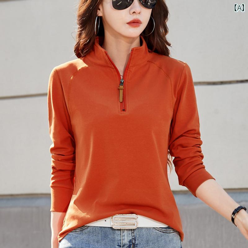 ママ カジュアル ファッション スタンドカラー 長袖 Tシャツ レディース 2025 春 綿 ジッパー アウター..