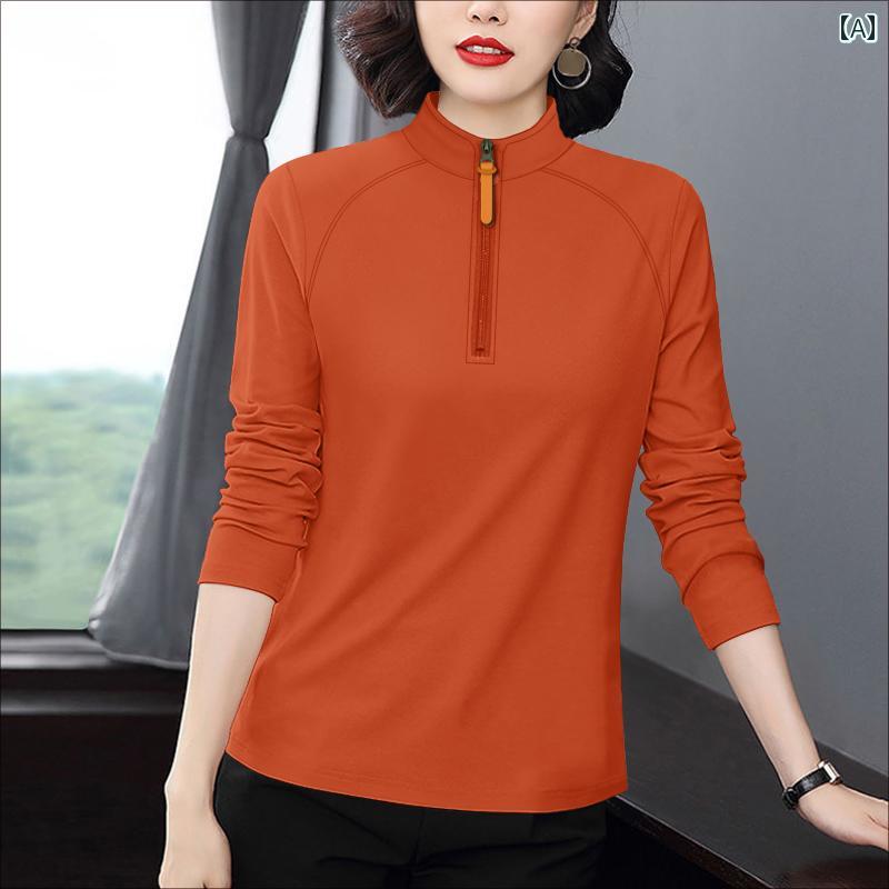ママ カジュアル ファッション 2025 春秋 ハーフ ジッパー 長袖 Tシャツ レディース コットン カジュア..