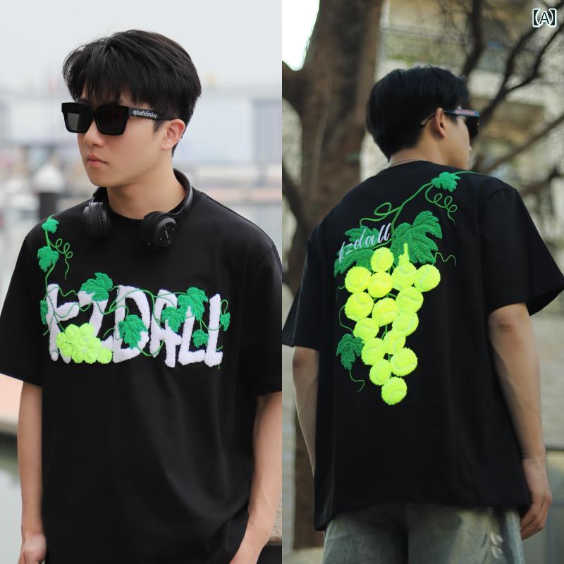 Tシャツ メンズ おしゃれ KZDALL ブドウ テニス タオル 刺繍 半袖 Tシャツ 夏 アメリカン ストリート ゆったり カジュアル 男女兼用