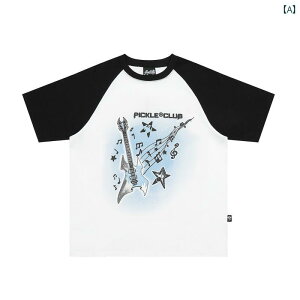 Tシャツ メンズ おしゃれ 【 呉 宇 恒と 同じ スタイル】両 班 キムチ ギター ゴースト プリント 半袖 Tシャツ メンズ レディース ラグランスリーブ カラー ブロック トップス