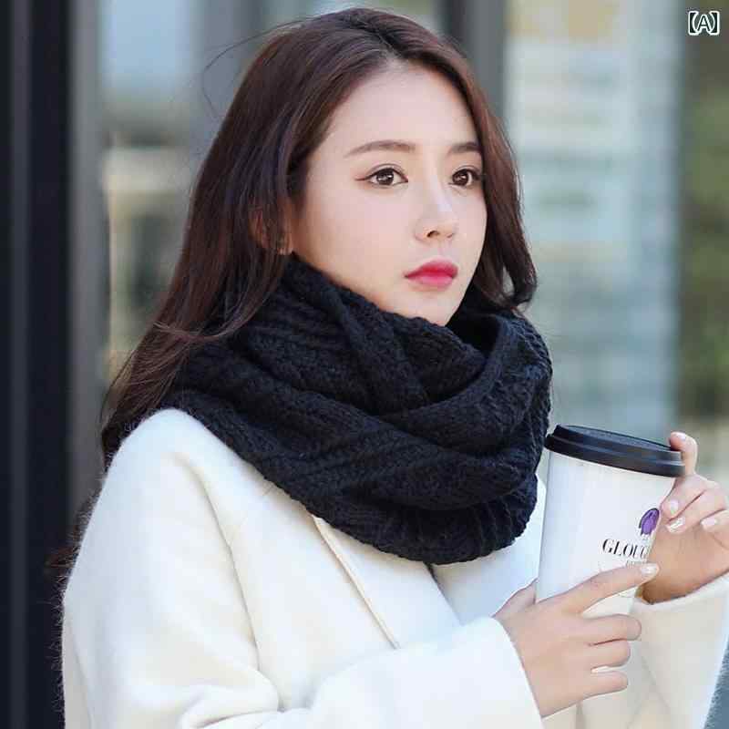 ネック スカーフ 韓国 春秋冬 ニット ウール マフラー 男女兼用 厚手 暖かい プルオーバー ブラック ネ..