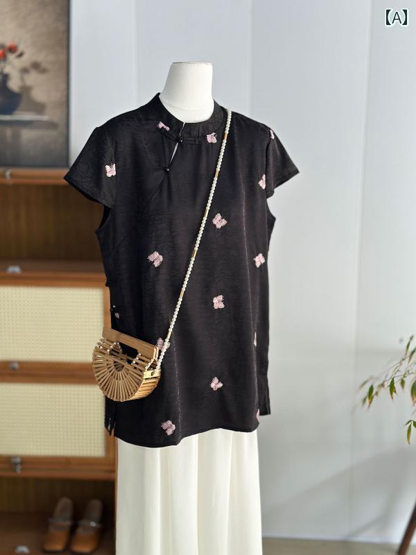 アオザイ チャイナ ドレス 黒の チャイナ風 チャイナ ドレス アオザイ トップ レディース ミディアム 丈 蝶 刺繍 ベスト シャツ