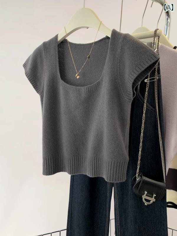 セーター レディース ラウンドネック グレーの スクエアネック 半袖 ウール セーター Tシャツ レディー..