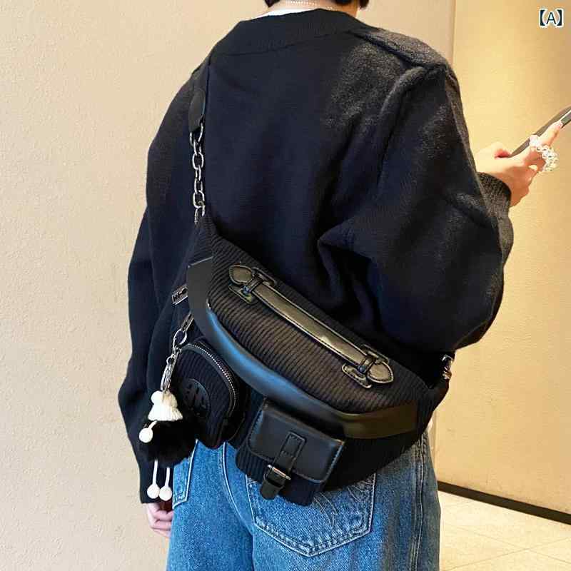 ウエスト バッグ ポーチ 女性用 高級 コーデュロイ チェスト バッグ クールな 秋冬 ダブル ポケット ク..