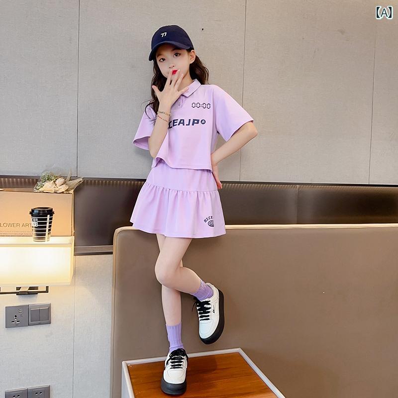 女の子 スカート 子供用 ショート 女の子 ポロシャツ 夏の ドレス 2025 子供の 半袖 スーツ ハイエンド 大きい 甘くて クールな 服