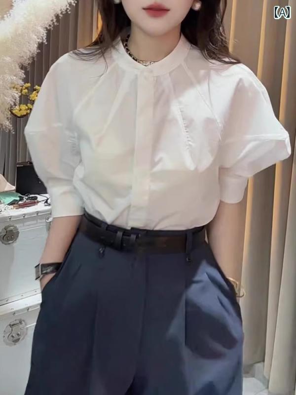 半袖 ブラウス シャツ レディース 2025夏の レディース フレンチスタイル ホワイト ラウンドネック パフスリーブ Tシャツ 通勤 ファッション