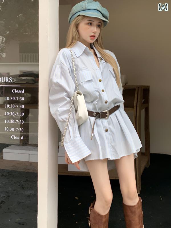 シャツ ワンピース レディース ベルト 付き 軽くて 贅沢な クールな 韓国 シャツ ドレス レディース ウエスト ゆったり シングルブレスト スカート