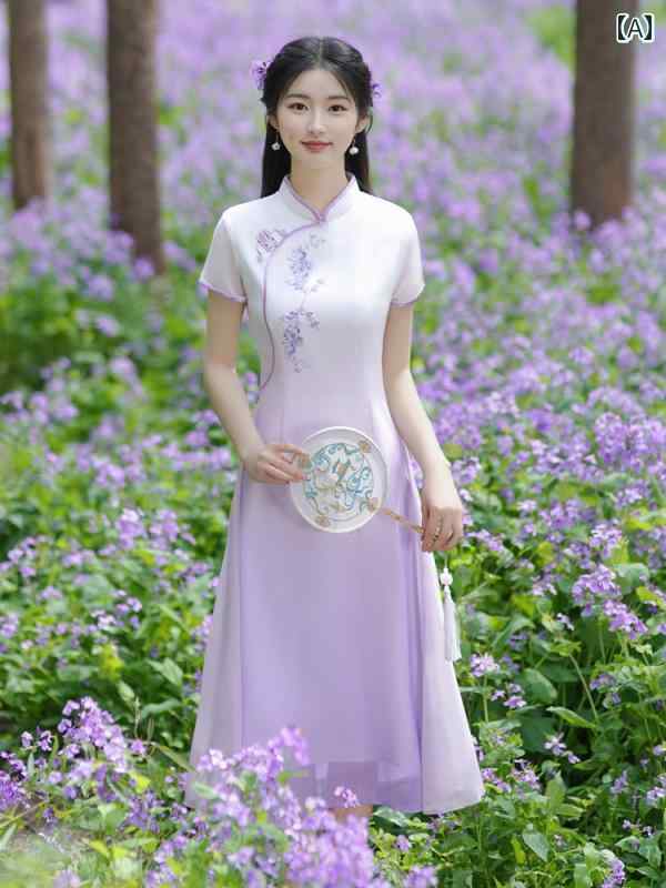 アオザイ チャイナ ドレス ラベンダー アオザイ チャイナ ドレス 夏 シフォン 日常 着用 若見え