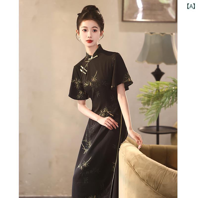 アオザイ チャイナ ドレス 中国 チャイナ ドレス 2025 高級 サマー 黒の 美しい アオザイ ツイル サテン