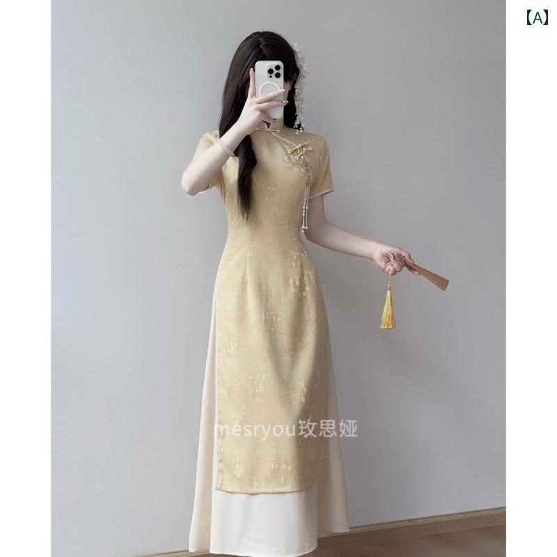 アオザイ チャイナ ドレス 黄色の アオザイ チャイナ ドレス 2025夏の チャイナ風 若見え 日常 着 女の子 刺繍(4)